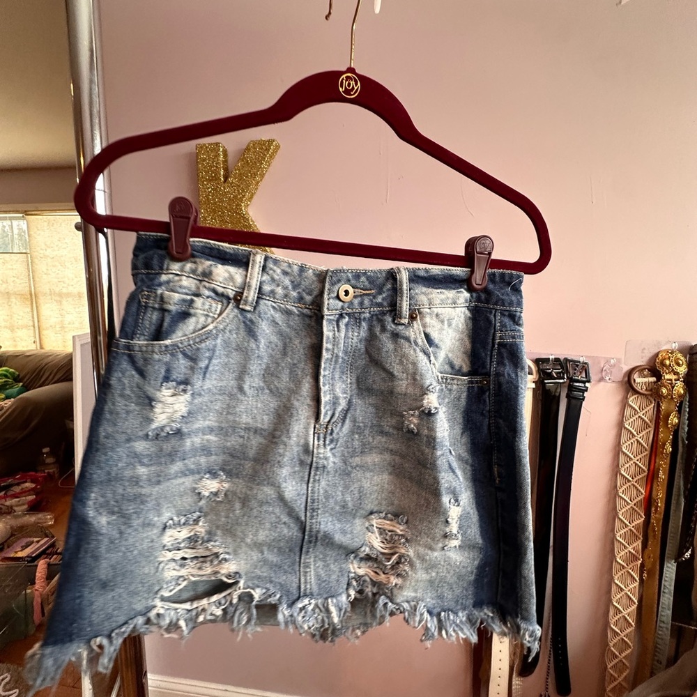 Blue Mini Skater Skirt with Distressed Details